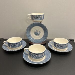 CURRIER & IVES BLUE BY ROYAL CHINA 4 TEA CUPS AND SAUCERS Vintage